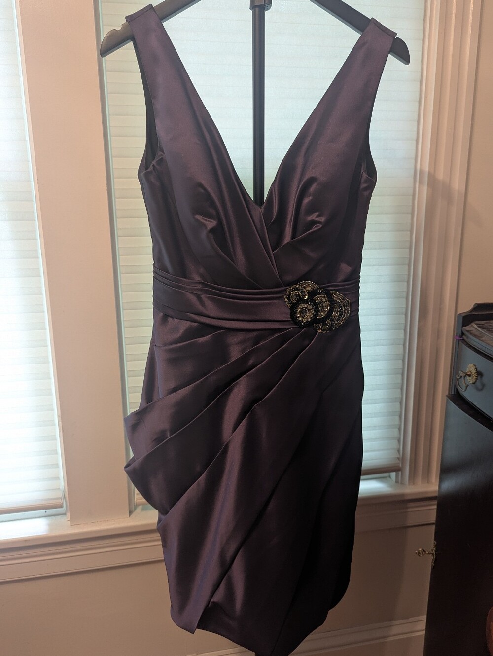 Love By Enzoani Deep Plum Satin Midi Dress with Embellished Waist